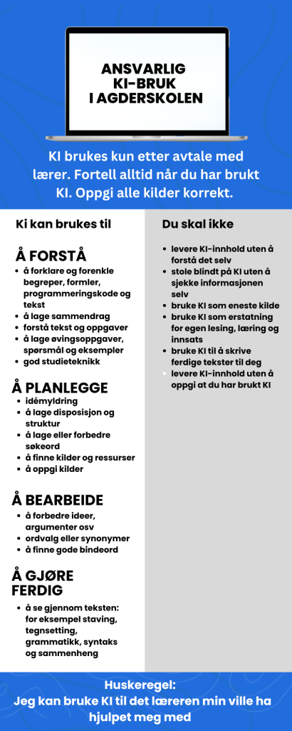 Retningslinjer for elever om hvordan man kan bruke KI i Agderskolen